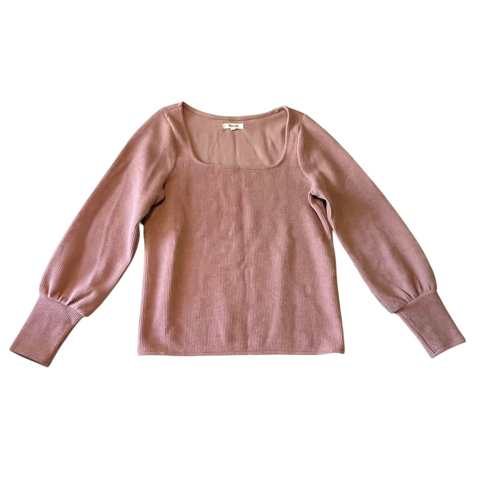 Madewell Square Neck Ribbed Puff Sleeve Top Dusty Rose Pink Womens Small‎